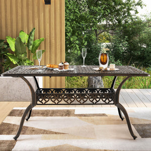Room up to 6-8 people with 59" x 35.4" (L x W) rectangular tabletop<br>1.5"/1.9" umbrella hole fits most standard patio umbrellas (not included)<br>Resize the umbrella hole by removing the plug<br>Make this dining table more suitable for outdoors with cas