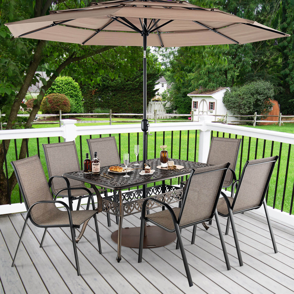 Room up to 6-8 people with 59" x 35.4" (L x W) rectangular tabletop<br>1.5"/1.9" umbrella hole fits most standard patio umbrellas (not included)<br>Resize the umbrella hole by removing the plug<br>Make this dining table more suitable for outdoors with cas