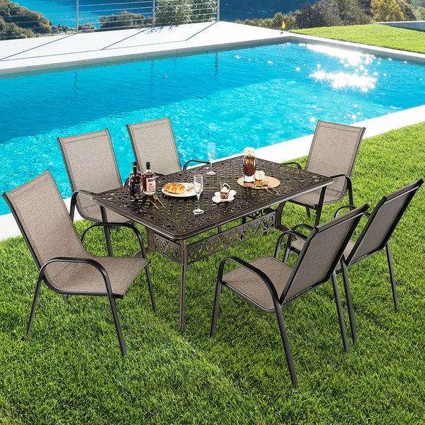 Room up to 6-8 people with 59" x 35.4" (L x W) rectangular tabletop<br>1.5"/1.9" umbrella hole fits most standard patio umbrellas (not included)<br>Resize the umbrella hole by removing the plug<br>Make this dining table more suitable for outdoors with cas