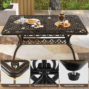 Room up to 6-8 people with 59" x 35.4" (L x W) rectangular tabletop<br>1.5"/1.9" umbrella hole fits most standard patio umbrellas (not included)<br>Resize the umbrella hole by removing the plug<br>Make this dining table more suitable for outdoors with cas