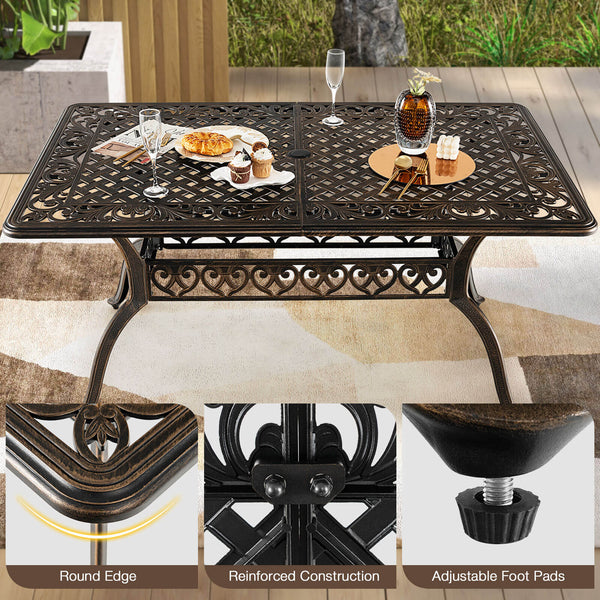 Room up to 6-8 people with 59" x 35.4" (L x W) rectangular tabletop<br>1.5"/1.9" umbrella hole fits most standard patio umbrellas (not included)<br>Resize the umbrella hole by removing the plug<br>Make this dining table more suitable for outdoors with cas
