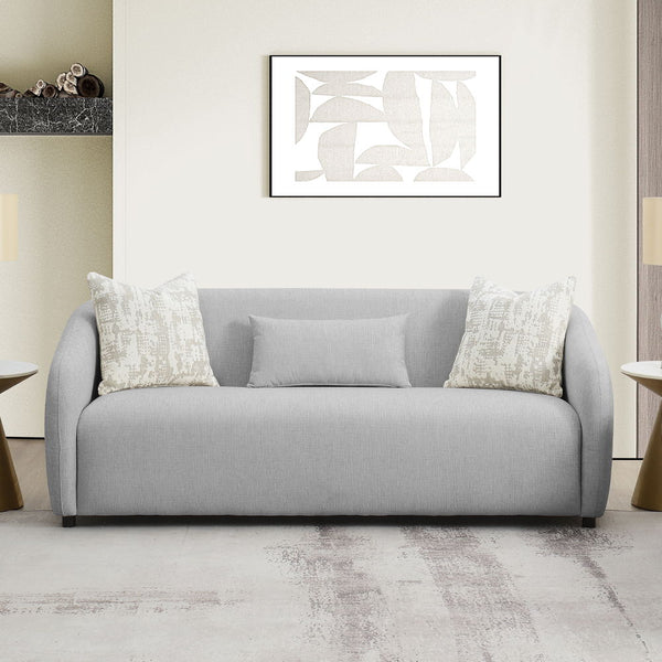 This Etienne collection sofa, available in beige and gray linen, combines modern elegance with comfort. Features include KD legs, tight back and seat cushions, full foam seat construction, and a sturdy wooden inner frame. Accent pillows are included to en