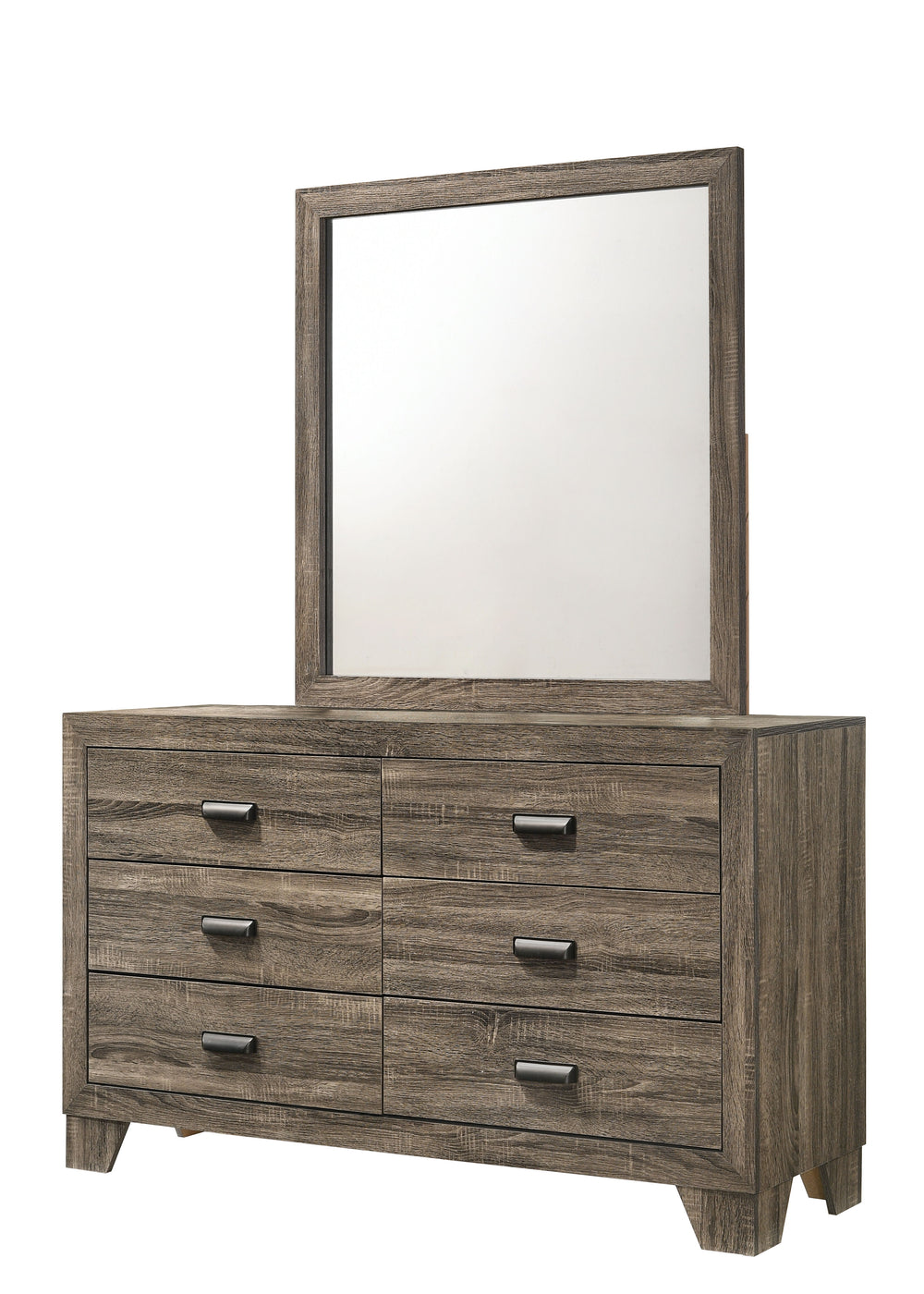 This bedroom set offers a minimalist design with a nod to rustic aesthetics, perfect for creating a serene and uncluttered space. The straightforward lines of the bed frame, combined with the natural wood finish, exude a sense of calm and earthiness. The 