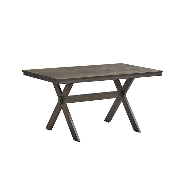 This Marit dining set features a stylish gray finish and an eye-catching -"X-" shape leg design, offering both elegance and stability. The accompanying chairs and bench come with padded seat cushions, providing comfort for extended gatherings. Perfect for