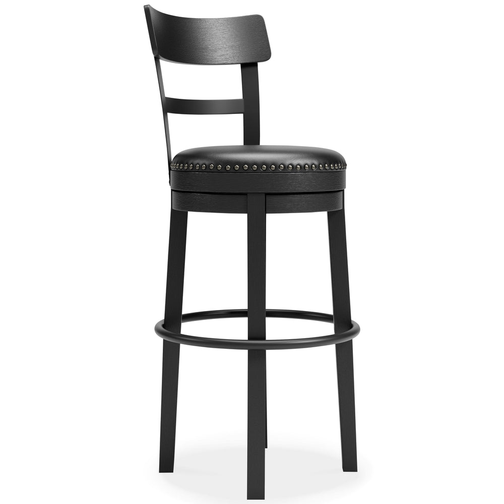 Bring a dash of drama to a kitchen island, table or counter with this upholstered swivel bar stool. The sturdy wood frame with contoured backrest is beautified with an antiqued black finish thatâ€™s a welcome change from the everyday ordinary. For your co