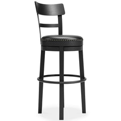 Bring a dash of drama to a kitchen island, table or counter with this upholstered swivel bar stool. The sturdy wood frame with contoured backrest is beautified with an antiqued black finish thatâ€™s a welcome change from the everyday ordinary. For your co