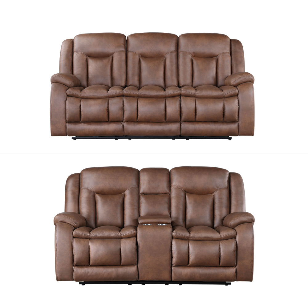 The Morello 2 Piece Power Reclining Sofa and Console Loveseat in Brown is a perfect addition to any living space. This set includes a power couch and a power console loveseat, both upholstered in sumptuously soft 100% polyester fabric that mimics the look