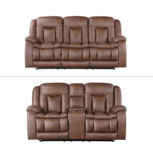 The Morello 2 Piece Power Reclining Sofa and Console Loveseat in Brown is a perfect addition to any living space. This set includes a power couch and a power console loveseat, both upholstered in sumptuously soft 100% polyester fabric that mimics the look