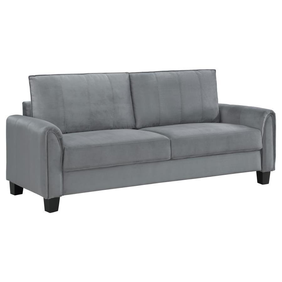 Captivating character blends with timeless style in a modern upholstered sofa. In gray upholstery that-'s soft like velvet, the sofa is a lovely focal point for a living room seating group, offering refined, understated style and plenty of comfort. Rounde