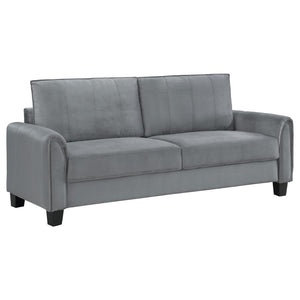 Captivating character blends with timeless style in a modern upholstered sofa. In gray upholstery that-'s soft like velvet, the sofa is a lovely focal point for a living room seating group, offering refined, understated style and plenty of comfort. Rounde