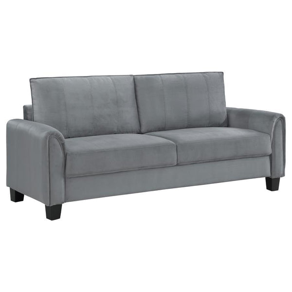 Captivating character blends with timeless style in a modern upholstered sofa. In gray upholstery that-'s soft like velvet, the sofa is a lovely focal point for a living room seating group, offering refined, understated style and plenty of comfort. Rounde