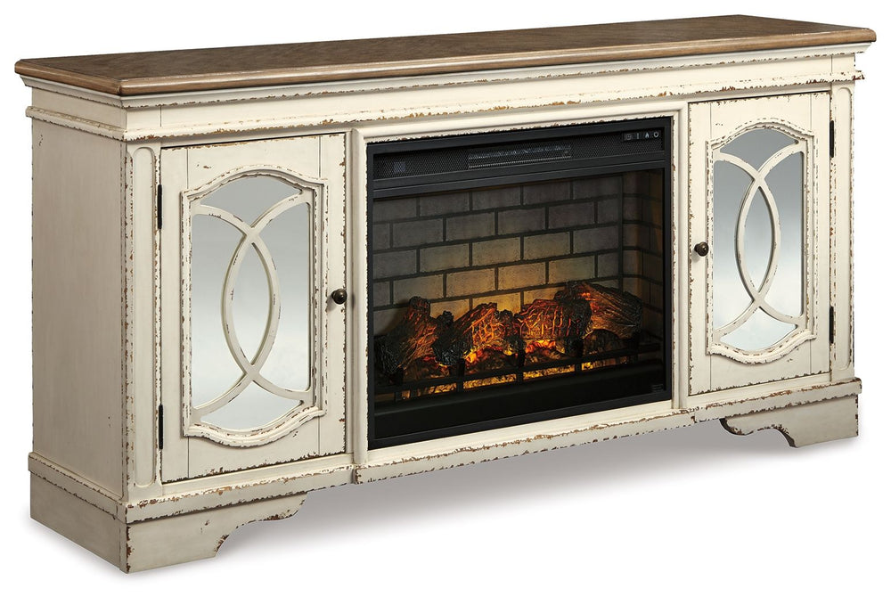 Elevating the art of traditional cottage styling, this TV stand with fireplace insert is beautifully in tune with your taste. Antiqued two-tone aesthetic blends a chipped white with a distressed wood tone top for added charm. Cabinet doorsâ€™ decorative f