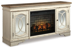 Elevating the art of traditional cottage styling, this TV stand with fireplace insert is beautifully in tune with your taste. Antiqued two-tone aesthetic blends a chipped white with a distressed wood tone top for added charm. Cabinet doorsâ€™ decorative f
