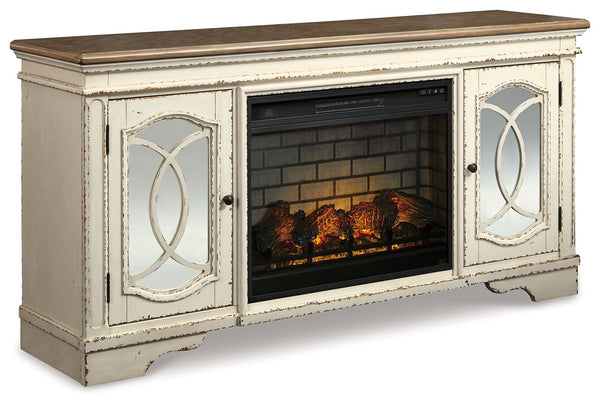 Elevating the art of traditional cottage styling, this TV stand with fireplace insert is beautifully in tune with your taste. Antiqued two-tone aesthetic blends a chipped white with a distressed wood tone top for added charm. Cabinet doorsâ€™ decorative f