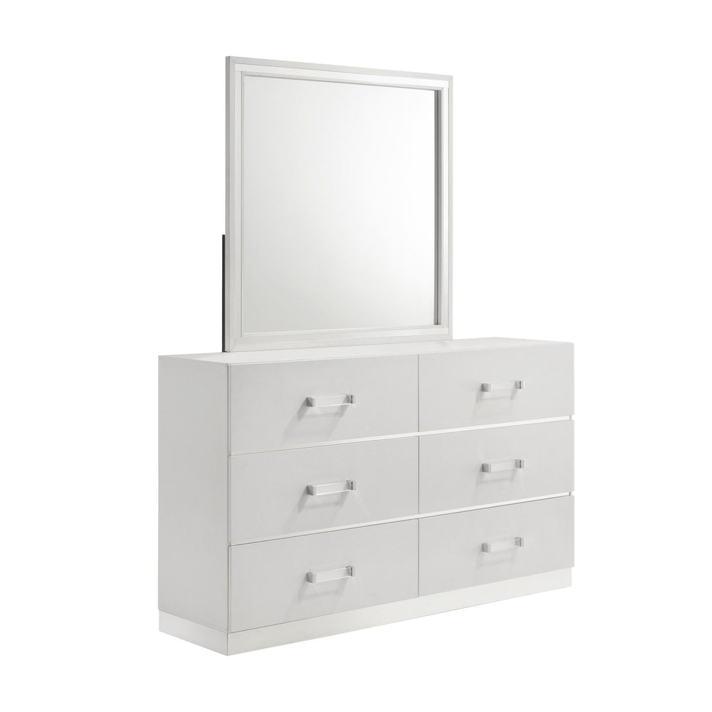 The Europa Mirror in white is a perfect blend of modern design and quality craftsmanship. This mirror features a sleek, sophisticated look with a bright white finish that adds to its glimmering appeal. Made from eco-friendly manufactured woods, it is asse