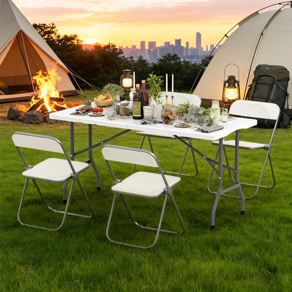 Portable and foldable design allows for easy storage and transportation<br>Convenient built-in handle ensures effortless mobility wherever you go<br>Crafted with a selected HDPE tabletop known for its durability<br>The mimic wood grain surface is wear-res