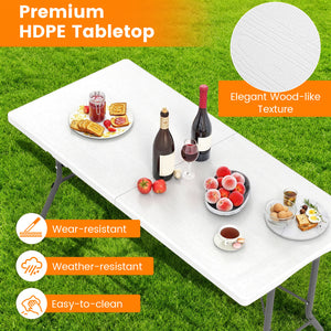 Portable and foldable design allows for easy storage and transportation<br>Convenient built-in handle ensures effortless mobility wherever you go<br>Crafted with a selected HDPE tabletop known for its durability<br>The mimic wood grain surface is wear-res