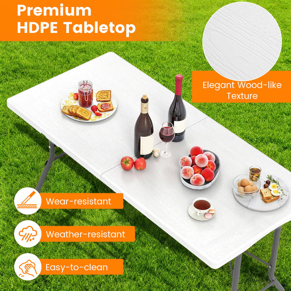 Portable and foldable design allows for easy storage and transportation<br>Convenient built-in handle ensures effortless mobility wherever you go<br>Crafted with a selected HDPE tabletop known for its durability<br>The mimic wood grain surface is wear-res