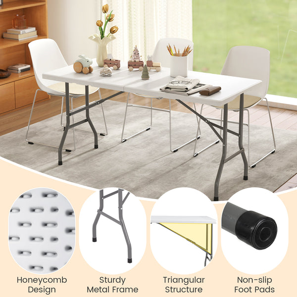 Portable and foldable design allows for easy storage and transportation<br>Convenient built-in handle ensures effortless mobility wherever you go<br>Crafted with a selected HDPE tabletop known for its durability<br>The mimic wood grain surface is wear-res