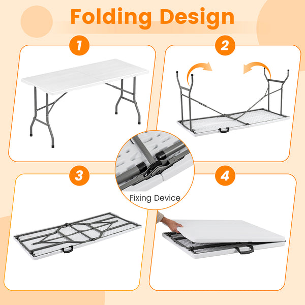 Portable and foldable design allows for easy storage and transportation<br>Convenient built-in handle ensures effortless mobility wherever you go<br>Crafted with a selected HDPE tabletop known for its durability<br>The mimic wood grain surface is wear-res