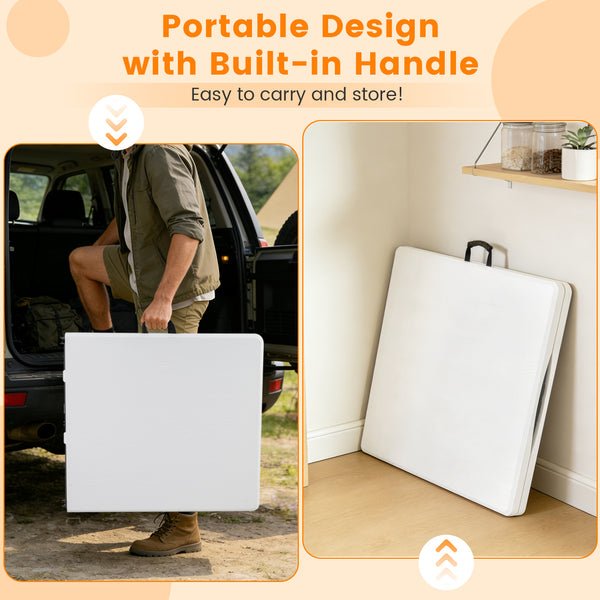 Portable and foldable design allows for easy storage and transportation<br>Convenient built-in handle ensures effortless mobility wherever you go<br>Crafted with a selected HDPE tabletop known for its durability<br>The mimic wood grain surface is wear-res