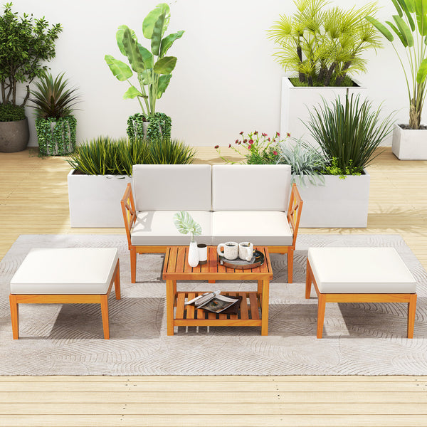 Solid acacia wood for reliable support and natural beauty<br>Splinter-free surface for smooth touch<br>Make you feel comfortable thanks to soft cushions with high-density sponges<br>Hook and loop fasteners for ottoman cushion for firm fixing<br>Convenient