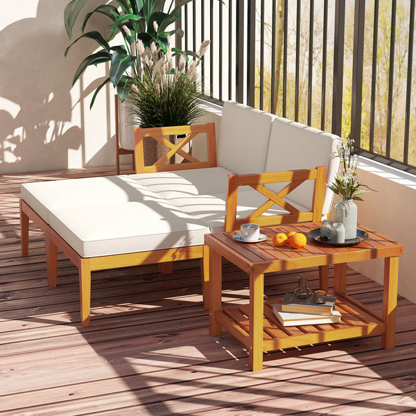 Solid acacia wood for reliable support and natural beauty<br>Splinter-free surface for smooth touch<br>Make you feel comfortable thanks to soft cushions with high-density sponges<br>Hook and loop fasteners for ottoman cushion for firm fixing<br>Convenient