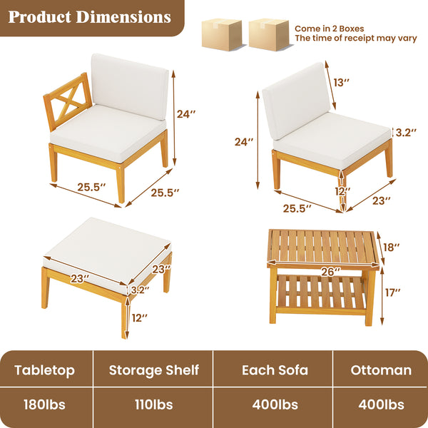 Solid acacia wood for reliable support and natural beauty<br>Splinter-free surface for smooth touch<br>Make you feel comfortable thanks to soft cushions with high-density sponges<br>Hook and loop fasteners for ottoman cushion for firm fixing<br>Convenient