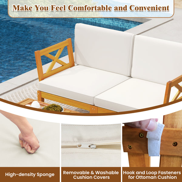 Ensure stable and reliable support with solid acacia wood<br>Add a natural beauty to your outdoor space<br>Splinter-free surface for smooth touch<br>Provide a comfy seating experience with high-density sponges in cushions<br>Allow easy cleaning thanks to 