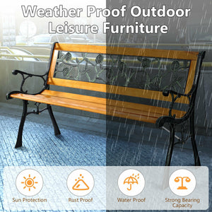 It consists of well-painted iron cast structure  solid wood seat and backrest frame  and PVC backrest pattern. <br>It comes with a size of 49.5" x 20.5" x 29" and features a strong load-bearing capacity of up to 463 lbs. <br>It's able to comfortably seat 