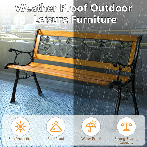 It consists of well-painted iron cast structure  solid wood seat and backrest frame  and PVC backrest pattern. <br>It comes with a size of 49.5" x 20.5" x 29" and features a strong load-bearing capacity of up to 463 lbs. <br>It's able to comfortably seat 