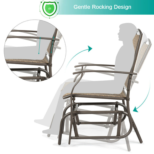 If you want to have a rocking chair to sit on and enjoy sunshine. This rocking chair is a good choice for you. Made of fabric and heavy iron construction  it is sturdy and durable to serve you for long time. Â  Â  The slightly sloping back and armrest wil