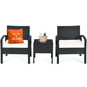 This rattan patio conversation set which will provide you a comfortable experience in your leisure time. Â  This set of outdoor furniture is made of high-quality rattan and strong steel  which is durable and has a long service life. The thick soft cushion