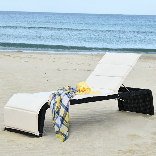 Tightly hand-woven rattan can withstand the moderate change in weather <br>The heavy-duty steel frame ensures the sturdiness of the chaise lounge <br>Adjustable backboard with five different positions <br>Soft and thick cushion for comfortable seating <br