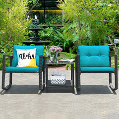 Including 1 table with tempered glass top and 2 rocking chairs <br>Sturdy and heavy steel frame ensures large weight capacity <br>High-quality PE wicker can withstand the moderate change in weather <br>Slightly sloping back and seat of the rocking chair o