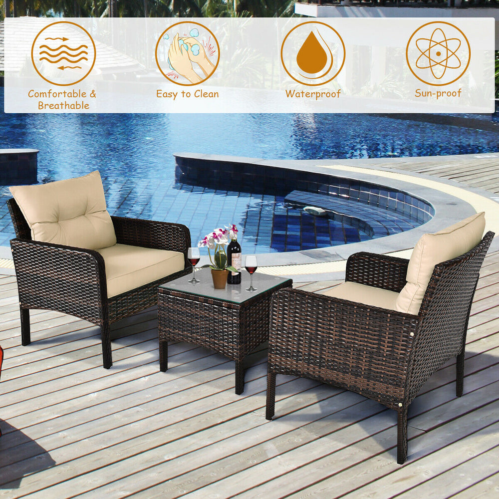 Made of high-quality PE rattan with strong toughness  it is not easy to break<br>Sturdy metal frame structure with superior load-bearing performance<br>A soft sponge filled cushions  comfortable and breathable<br>The thick tempered glass tabletop is sturd