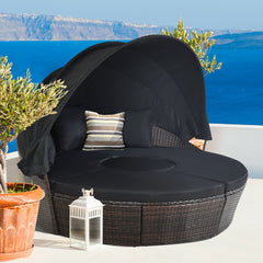 Includes: 1 x Rattan round daybed  4 x Sector cushion  3 x Pillow  1 x User guide<br>Will be delivered in 4 packages so the arriving time may vary<br>Durable and sturdy steel frame to keep stable<br>Lightweight and premium PE rattan material for long life
