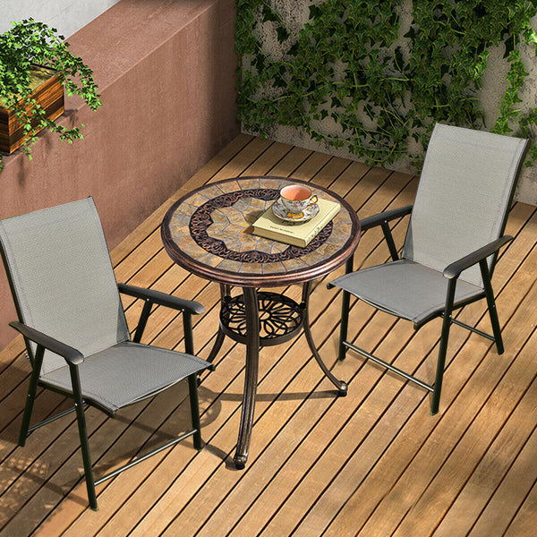 Metal powder coating frame is easy to clean<br>Chair can be used indoors and outdoors<br>2 ergonomic armrests for comfortable arm placement<br>Set of 2 chairs has good abrasion and water resistance<br>Set of 2 chairs is in fabric that can withstand bad we