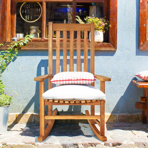 This rocking chair is constructed of premium acacia wood  which is corrosion-resistant and durable to support your long-term use. Â  Designed with contoured slatted seat  high back and widened armrest  the chair will give you comfortable sitting feeling t