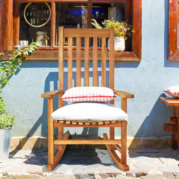 This rocking chair is constructed of premium acacia wood  which is corrosion-resistant and durable to support your long-term use. Â  Designed with contoured slatted seat  high back and widened armrest  the chair will give you comfortable sitting feeling t