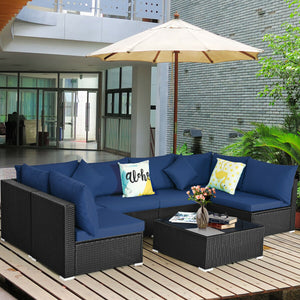 Free combination of sectional sofa as per your needs<br>Solid structure with L shape aluminum feet<br>Exquisite PE wicker frame adds unique charm<br>Comfortable sofa set with thick cushions and soft pillows<br>The cover of seat cushion is removable and wa