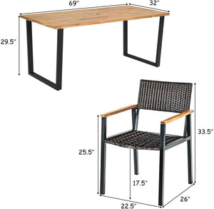 Table made of premium acacia wood and steel frame  sturdy and durable <br>Unique leg structure offers powerful support and stability <br>Weather-resistant and waterproof rattan chairs  easy to clean <br>Wide armrest of acacia wood top for extra comfort <b