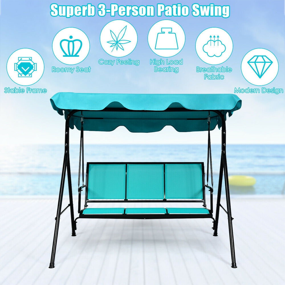 Able to comfortably sit and swing 3 people independently <br>Made of a high quality  weather-resistant steel frame with wide  sturdybase <br>Adjustable canopy design for optimal shade coverage and rain protection <br>Comfortable angle and well-ventilated 