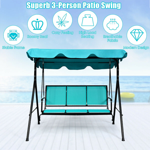 Able to comfortably sit and swing 3 people independently <br>Made of a high quality  weather-resistant steel frame with wide  sturdybase <br>Adjustable canopy design for optimal shade coverage and rain protection <br>Comfortable angle and well-ventilated 