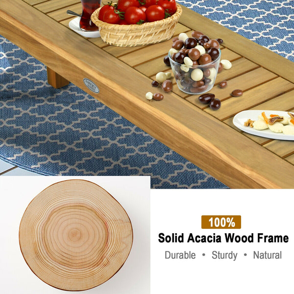 Solid acacia wood for durability and long service life Hollow slat design for great ventilation and prevent water accumulation Solid and thick legs provide stability and avoid shaking Stable base ensures security and high load bearing of 700 lbs Well matc