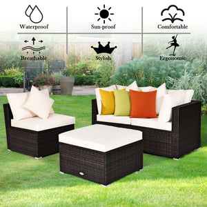 Includes 2 corner sofas  1armless table and 1 ottoman for versatile use<br>Sturdy powder-coated steel frame provides strong durability and stability<br>All-weather and wear-resistant PE rattan provides a long service life<br>Thick and soft sponge padded c