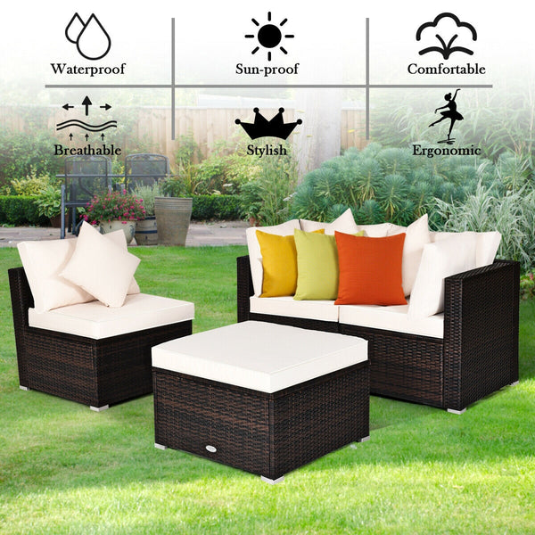 Includes 2 corner sofas  1armless table and 1 ottoman for versatile use<br>Sturdy powder-coated steel frame provides strong durability and stability<br>All-weather and wear-resistant PE rattan provides a long service life<br>Thick and soft sponge padded c
