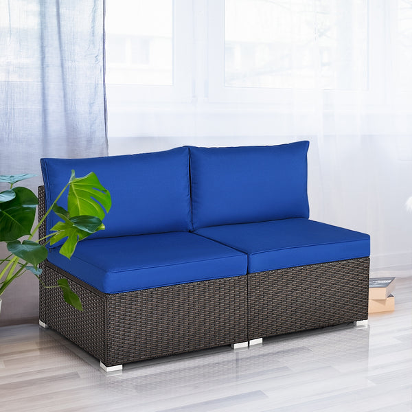 Power coated and solid steel frame adds sturdiness<br>Tight and hand-woven rattan to withstand change of weather<br>Two of the armless chairs can be used separately<br>Aluminum foot pads protect bottom rattan from scratching<br>Can be added to the same st
