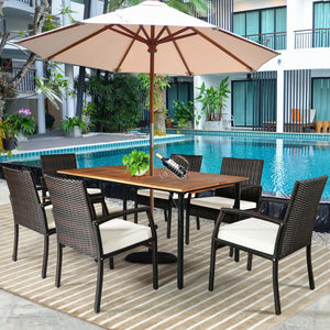 PE wicker and powder-coated steel frame ensure weather resistance<br>High-quality acacia wood enhances the sturdiness<br>Plastic foot pads protect the floor from scratches<br>Spacious table and 6 seats can fully meet the needs<br>Ergonomic armchair with b