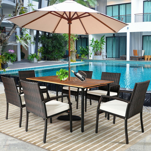 PE wicker and powder-coated steel frame ensure weather resistance<br>High-quality acacia wood enhances the sturdiness<br>Plastic foot pads protect the floor from scratches<br>Spacious table and 6 seats can fully meet the needs<br>Ergonomic armchair with b